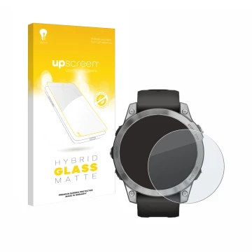 Parte frontale di una confezione del prodotto con il logo del marchio upscreen. Accanto è raffigurato il dispositivo Garmin Fe