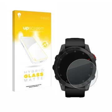 Parte frontale di una confezione del prodotto con il logo del marchio upscreen. Accanto è raffigurato il dispositivo Garmin ep