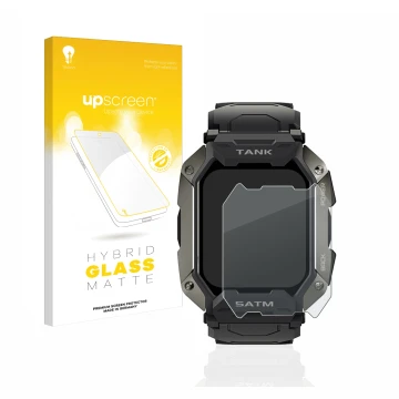 Parte frontale di una confezione del prodotto con il logo del marchio upscreen. Accanto è raffigurato il dispositivo Kospet Ta