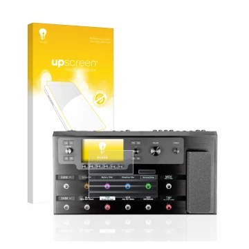 Parte frontale di una confezione del prodotto con il logo del marchio upscreen. Accanto è raffigurato il dispositivo Line 6 He