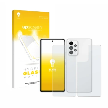 Parte frontale di una confezione del prodotto con il logo del marchio upscreen. Accanto è raffigurato il dispositivo Samsung G