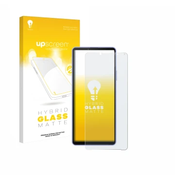 Parte frontale di una confezione del prodotto con il logo del marchio upscreen. Accanto è raffigurato il dispositivo Sony Xper