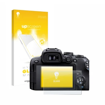 Parte frontale di una confezione del prodotto con il logo del marchio upscreen. Accanto è raffigurato il dispositivo Canon EOS