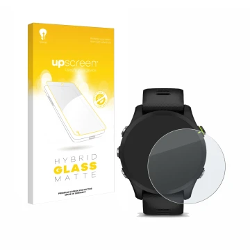 Parte frontale di una confezione del prodotto con il logo del marchio upscreen. Accanto è raffigurato il dispositivo Garmin Fo