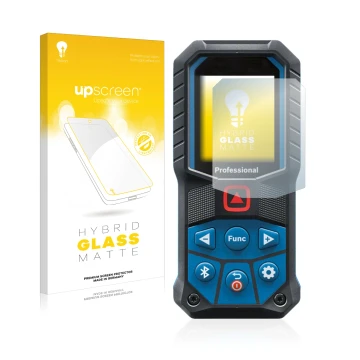 Parte frontale di una confezione del prodotto con il logo del marchio upscreen. Accanto è raffigurato il dispositivo Bosch GLM