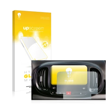 Parte frontale di una confezione del prodotto con il logo del marchio upscreen. Accanto è raffigurato il dispositivo Fiat 500L