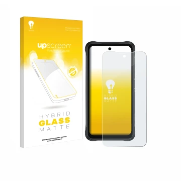 Parte frontale di una confezione del prodotto con il logo del marchio upscreen. Accanto è raffigurato il dispositivo Umidigi B