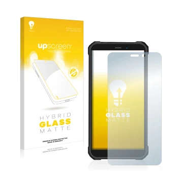 Parte frontale di una confezione del prodotto con il logo del marchio upscreen. Accanto è raffigurato il dispositivo Oukitel W