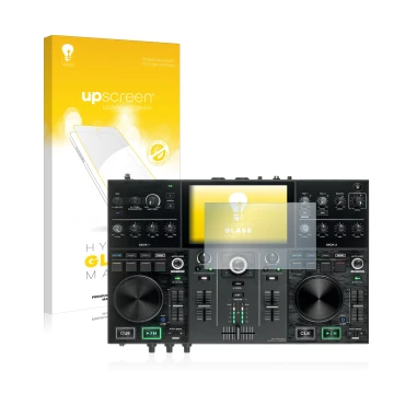 Parte frontale di una confezione del prodotto con il logo del marchio upscreen. Accanto è raffigurato il dispositivo Denon DJ 