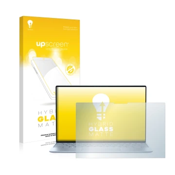 Parte frontale di una confezione del prodotto con il logo del marchio upscreen. Accanto è raffigurato il dispositivo Dell XPS 