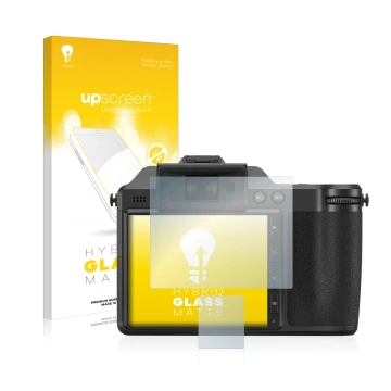 Parte frontale di una confezione del prodotto con il logo del marchio upscreen. Accanto è raffigurato il dispositivo Fujifilm 