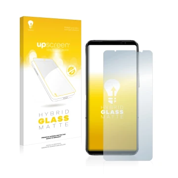 Parte frontale di una confezione del prodotto con il logo del marchio upscreen. Accanto è raffigurato il dispositivo ASUS ROG 