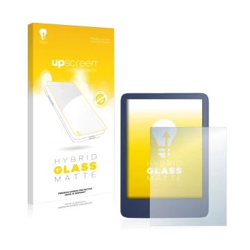 Parte frontale di una confezione del prodotto con il logo del marchio upscreen. Accanto è raffigurato il dispositivo Amazon Ki