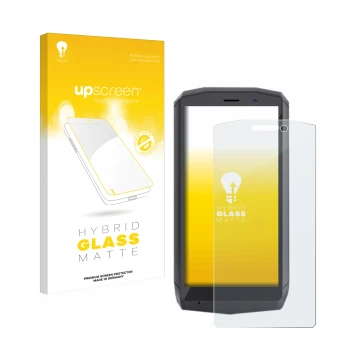 Parte frontale di una confezione del prodotto con il logo del marchio upscreen. Accanto è raffigurato il dispositivo Cubot Poc