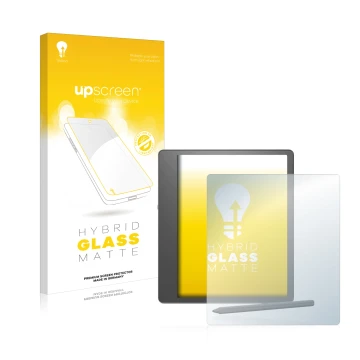 Parte frontale di una confezione del prodotto con il logo del marchio upscreen. Accanto è raffigurato il dispositivo Amazon Ki