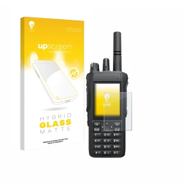 Parte frontale di una confezione del prodotto con il logo del marchio upscreen. Accanto è raffigurato il dispositivo Motorola 