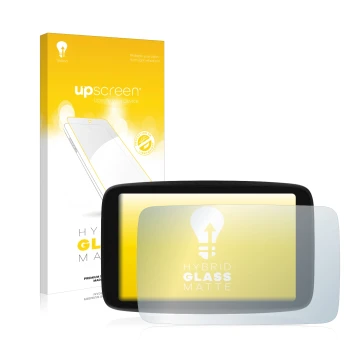 Parte frontale di una confezione del prodotto con il logo del marchio upscreen. Accanto è raffigurato il dispositivo TomTom GO