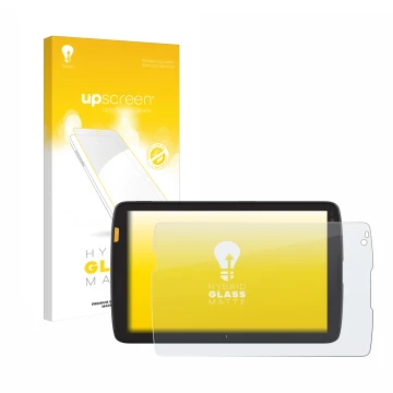 Parte frontale di una confezione del prodotto con il logo del marchio upscreen. Accanto è raffigurato il dispositivo Zebra ET4