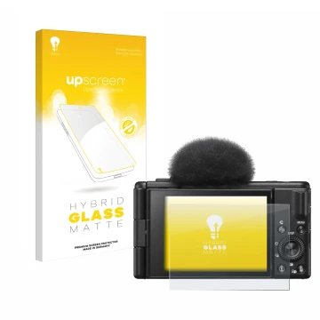 Parte frontale di una confezione del prodotto con il logo del marchio upscreen. Accanto è raffigurato il dispositivo Sony ZV-1