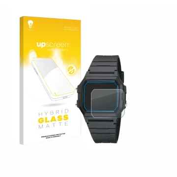 Parte frontale di una confezione del prodotto con il logo del marchio upscreen. Accanto è raffigurato il dispositivo Casio F-1