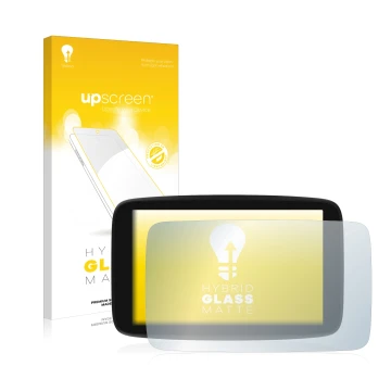 Parte frontale di una confezione del prodotto con il logo del marchio upscreen. Accanto è raffigurato il dispositivo TomTom GO