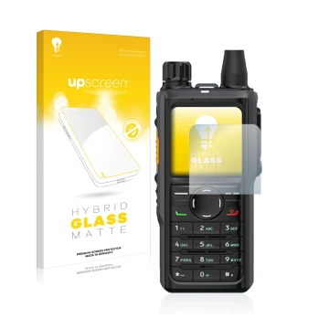 Parte frontale di una confezione del prodotto con il logo del marchio upscreen. Accanto è raffigurato il dispositivo Hytera HP