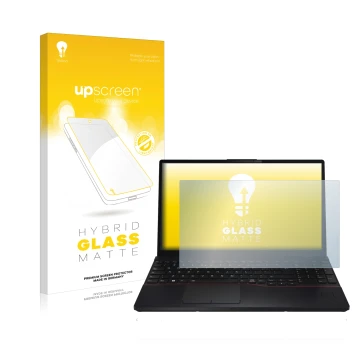 Parte frontale di una confezione del prodotto con il logo del marchio upscreen. Accanto è raffigurato il dispositivo Fujitsu L