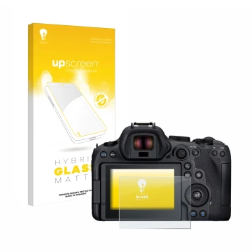 Parte frontale di una confezione del prodotto con il logo del marchio upscreen. Accanto è raffigurato il dispositivo Canon EOS