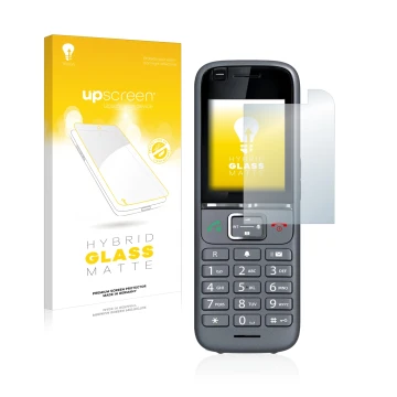 Parte frontale di una confezione del prodotto con il logo del marchio upscreen. Accanto è raffigurato il dispositivo Gigaset S