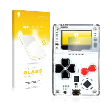 Parte frontale di una confezione del prodotto con il logo del marchio upscreen. Accanto è raffigurato il dispositivo Arduboy F