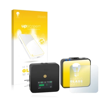 Parte frontale di una confezione del prodotto con il logo del marchio upscreen. Accanto è raffigurato il dispositivo Rode Wire