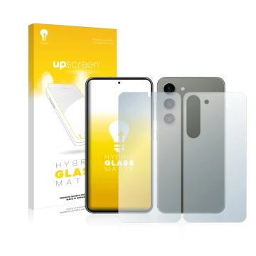 Parte frontale di una confezione del prodotto con il logo del marchio upscreen. Accanto è raffigurato il dispositivo Samsung G