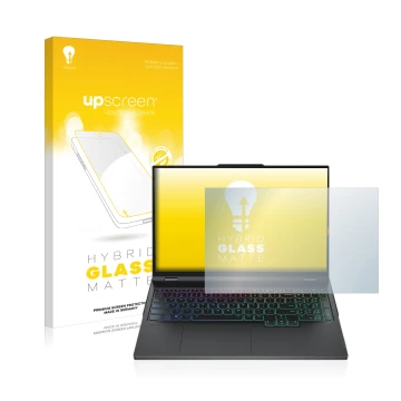 Parte frontale di una confezione del prodotto con il logo del marchio upscreen. Accanto è raffigurato il dispositivo Lenovo Le