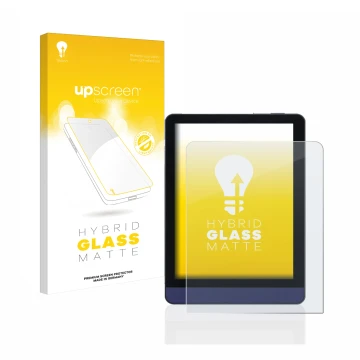 Parte frontale di una confezione del prodotto con il logo del marchio upscreen. Accanto è raffigurato il dispositivo Meebook M