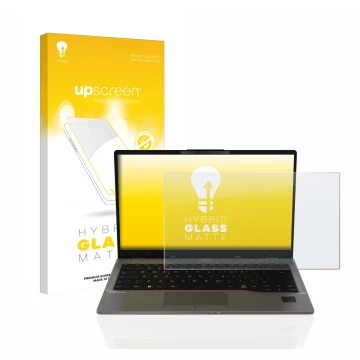 Parte frontale di una confezione del prodotto con il logo del marchio upscreen. Accanto è raffigurato il dispositivo Fujitsu L