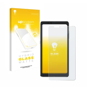 Parte frontale di una confezione del prodotto con il logo del marchio upscreen. Accanto è raffigurato il dispositivo Hisense A