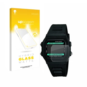 Parte frontale di una confezione del prodotto con il logo del marchio upscreen. Accanto è raffigurato il dispositivo Casio W-8