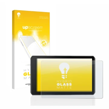 Parte frontale di una confezione del prodotto con il logo del marchio upscreen. Accanto è raffigurato il dispositivo Garmin zu