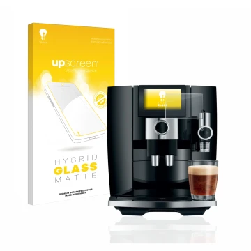 Parte frontale di una confezione del prodotto con il logo del marchio upscreen. Accanto è raffigurato il dispositivo Jura J8 c