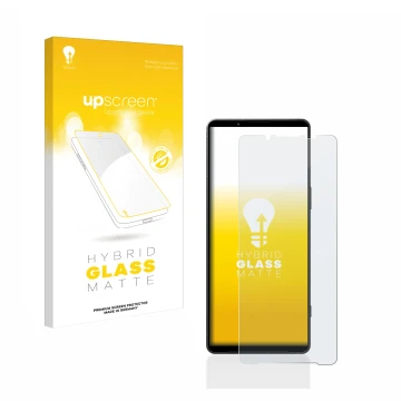 Parte frontale di una confezione del prodotto con il logo del marchio upscreen. Accanto è raffigurato il dispositivo Sony Xper