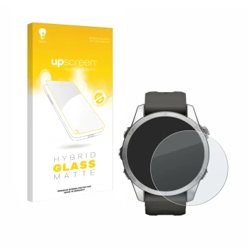 Parte frontale di una confezione del prodotto con il logo del marchio upscreen. Accanto è raffigurato il dispositivo Garmin Fe