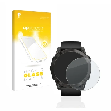 Parte frontale di una confezione del prodotto con il logo del marchio upscreen. Accanto è raffigurato il dispositivo Garmin Ep