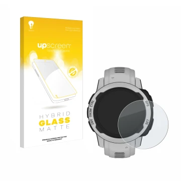 Parte frontale di una confezione del prodotto con il logo del marchio upscreen. Accanto è raffigurato il dispositivo Garmin In