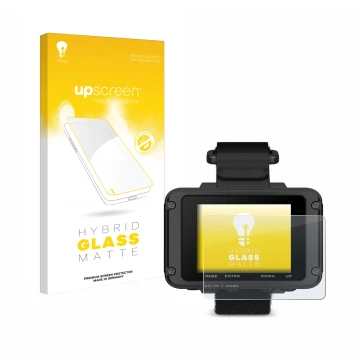 Parte frontale di una confezione del prodotto con il logo del marchio upscreen. Accanto è raffigurato il dispositivo Garmin Fo