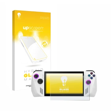 Parte frontale di una confezione del prodotto con il logo del marchio upscreen. Accanto è raffigurato il dispositivo ASUS ROG 