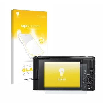 Parte frontale di una confezione del prodotto con il logo del marchio upscreen. Accanto è raffigurato il dispositivo Sony ZV-1