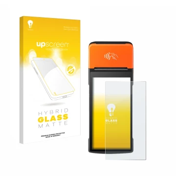 Parte frontale di una confezione del prodotto con il logo del marchio upscreen. Accanto è raffigurato il dispositivo Sunmi V2 