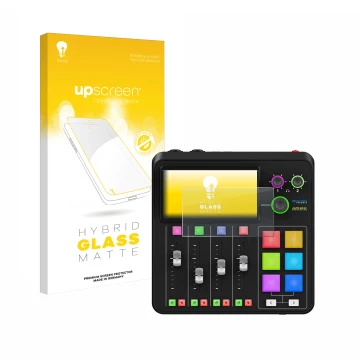 Parte frontale di una confezione del prodotto con il logo del marchio upscreen. Accanto è raffigurato il dispositivo Rode Rode