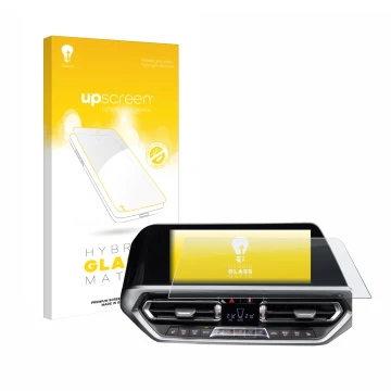 Parte frontale di una confezione del prodotto con il logo del marchio upscreen. Accanto è raffigurato il dispositivo BMW 3 G20