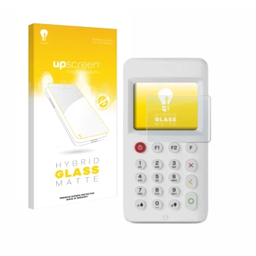 Parte frontale di una confezione del prodotto con il logo del marchio upscreen. Accanto è raffigurato il dispositivo myPOS Go 